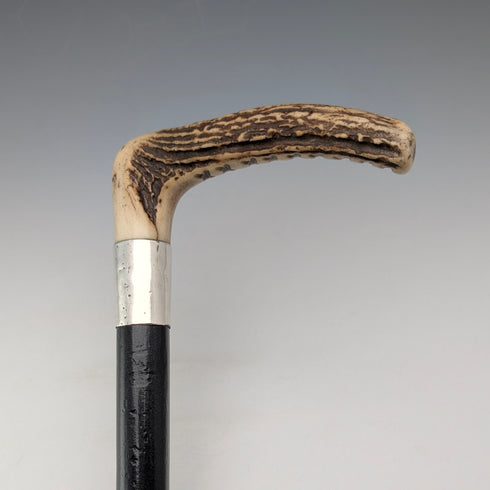 1914 年英國古董黑軸 L 形鹿角手柄純銀裝飾手杖 手杖 88 厘米